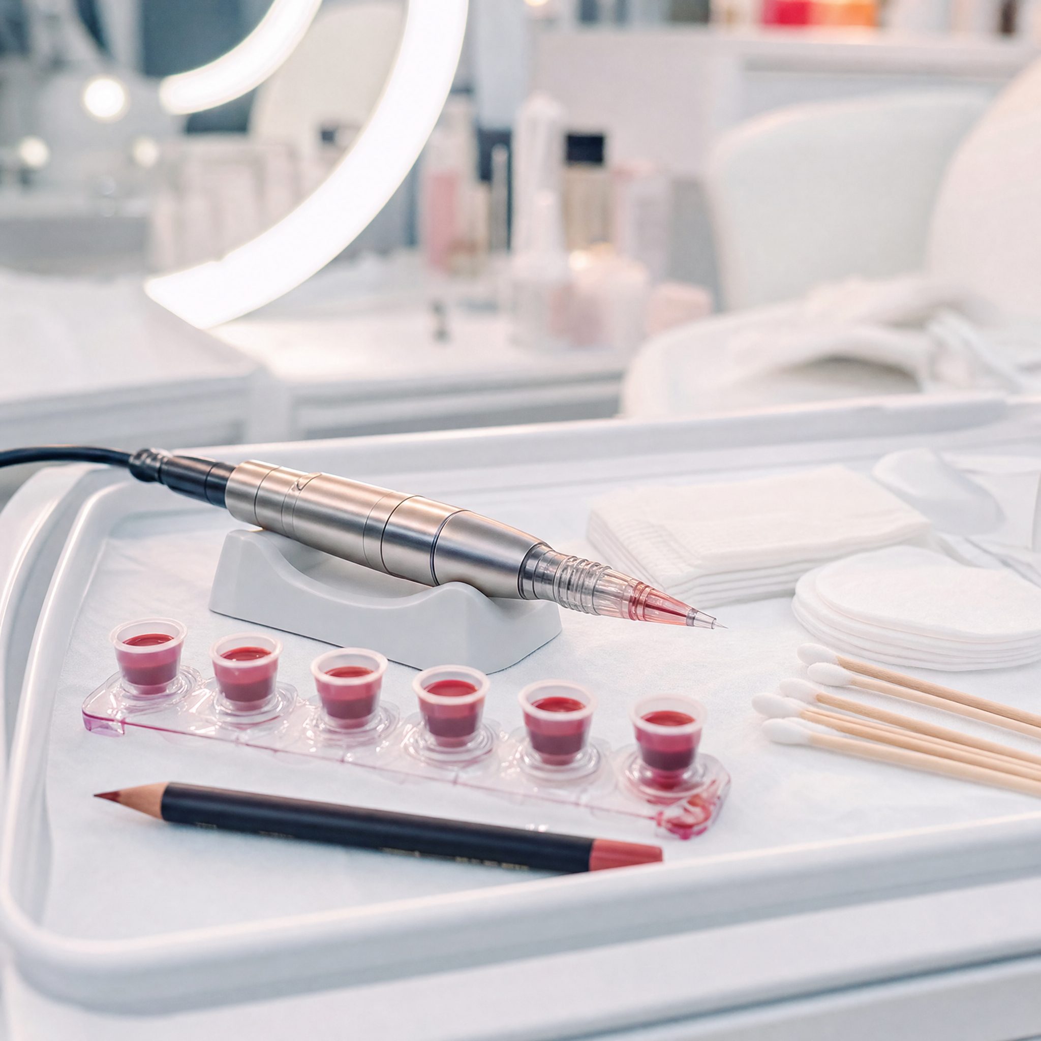 Permanent makeup machine and rosy lip pigment cups on a sterile tray