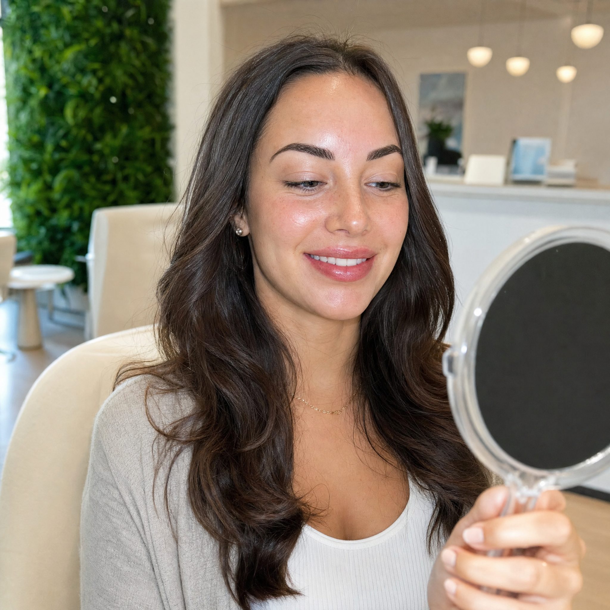 Client smiling in a hand mirror after her lip blushing appointment