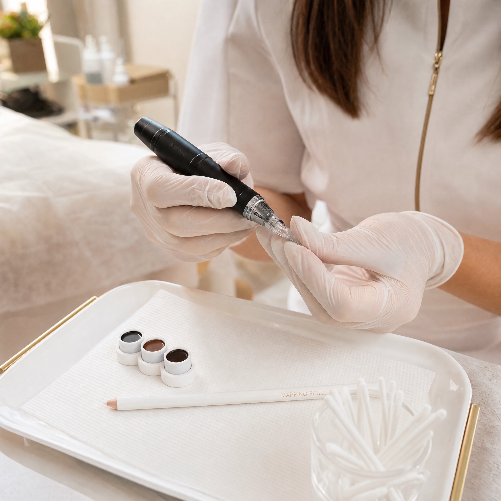 Permanent makeup machine and pigment cups on a sterile tray