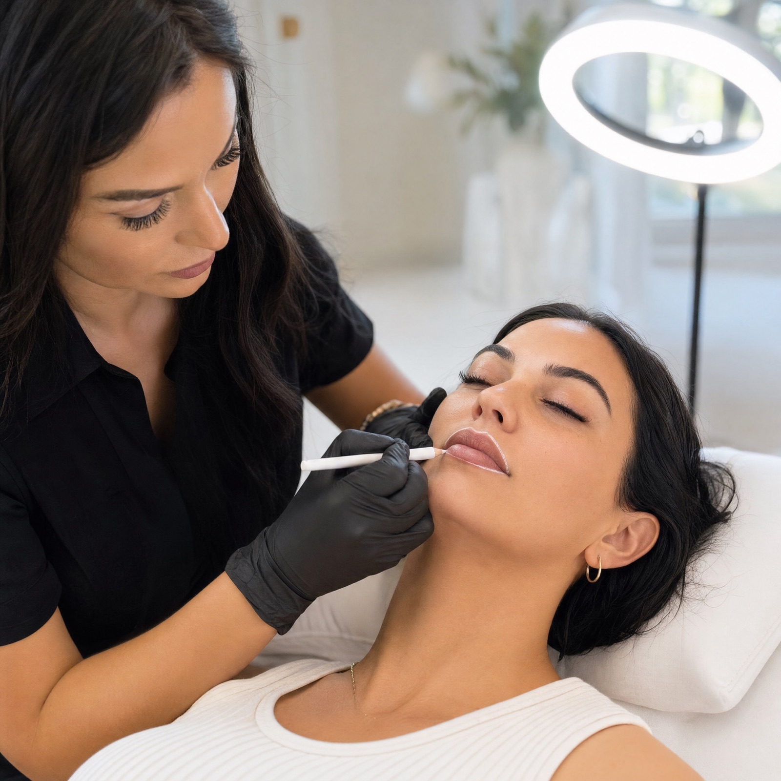 Permanent makeup artist in gloves mapping a client's lip line with a white pencil before lip blushing