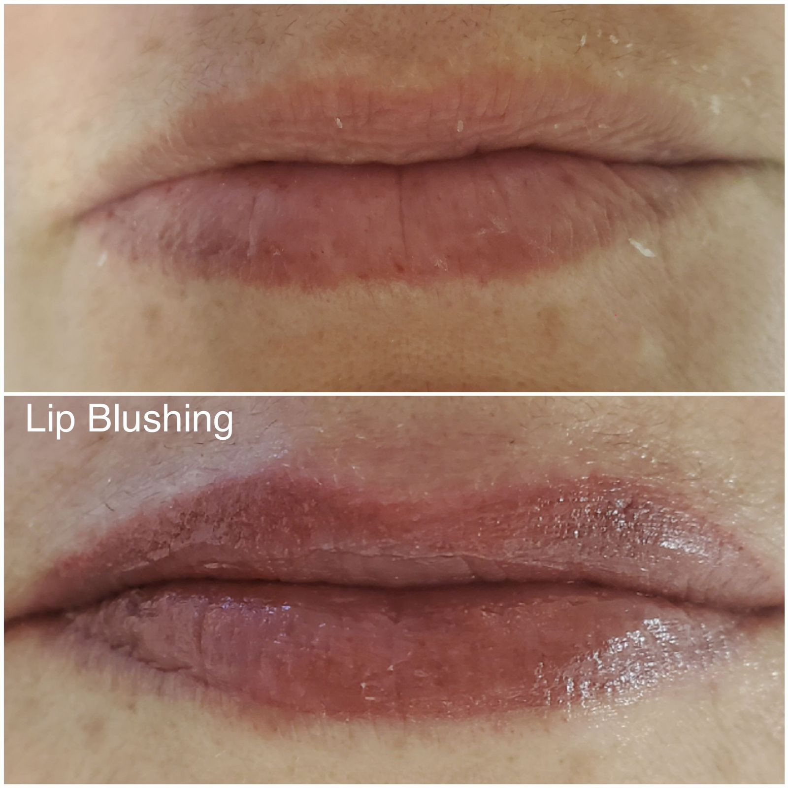 Lip blushing before and after: dry, pale lips transformed into soft, evenly tinted rosy lips