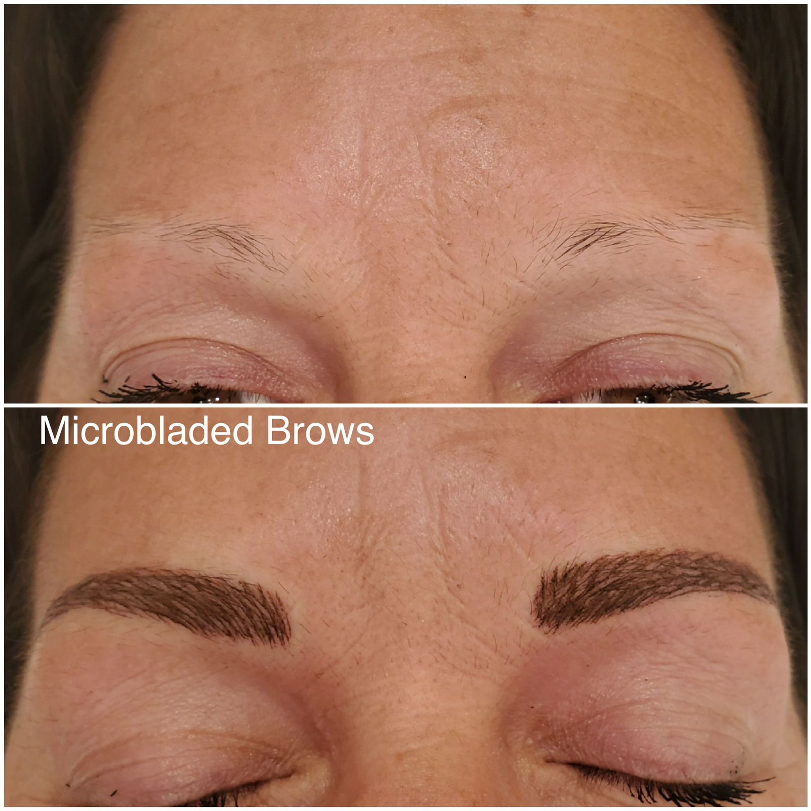 Microblading before and after: thin brows filled in with hair-stroke microblading